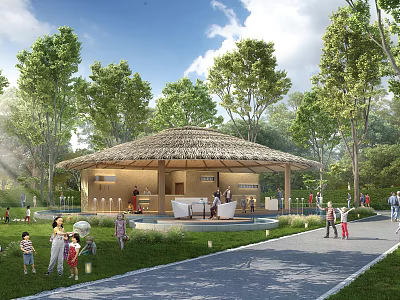 Rustic Thatched Roof Garden Pavilion For Family Leisure In Beautiful Lush Green Public Park 3d model