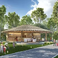 Rustic Thatched Roof Garden Pavilion For Family Leisure In Beautiful Lush Green Public Park