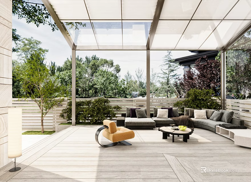 Modern Villa Balcony with Wooden Deck Comfortable Seating and Greenery 3d model 