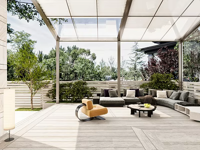Modern Villa Balcony with Wooden Deck Comfortable Seating and Greenery 3d model