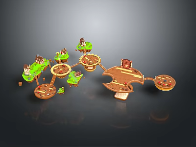 Wooden Platform Scene Components With Green Plants And Small Houses 3d model