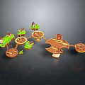 Wooden Platform Scene Components With Green Plants And Small Houses