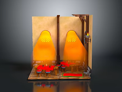Miniature Indoor Scene Model With Yellow Illuminated Panels Red Tables And Chairs 3d model