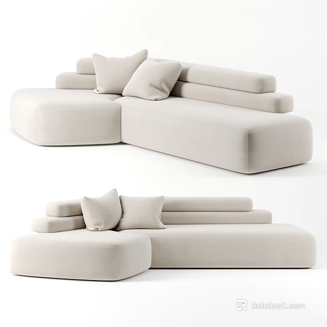 Modern Beige Sectional Sofa With Soft Pillows And L Shaped Comfortable Design 3d model