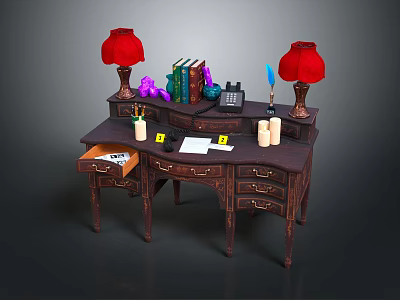 Vintage Wooden Desk With Red Table Lamps Books Purple Decor Calculator And Papers 3d model