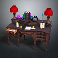 Vintage Wooden Desk With Red Table Lamps Books Purple Decor Calculator And Papers
