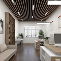 Modern Office Interior With Wooden Slat Ceiling White Walls Windows Plants Desks Computers And Sofa 3d model