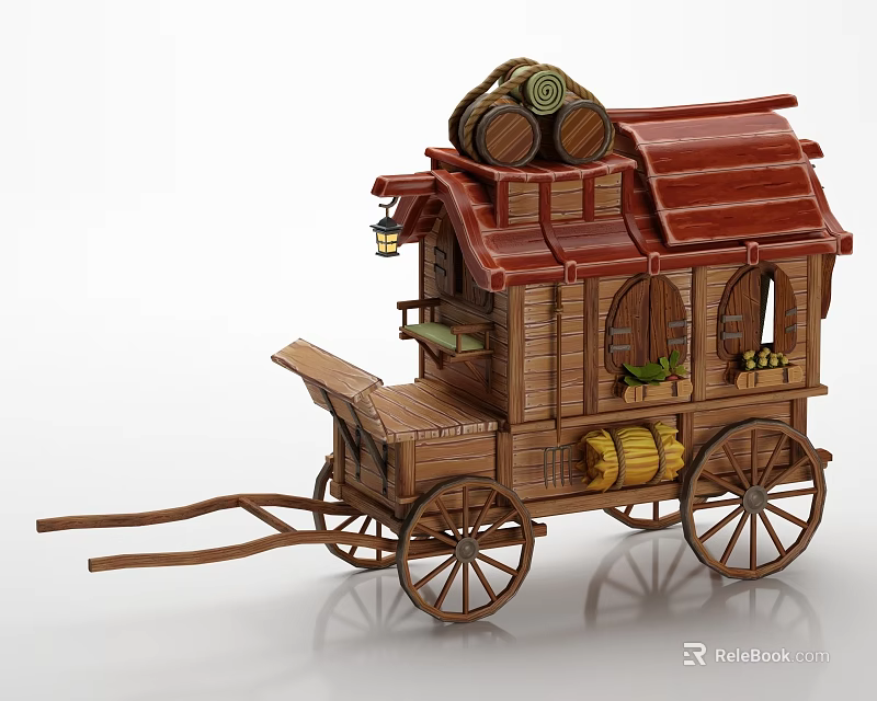 Wooden Carriage With Red Roof Wooden Barrels Lantern Windows And Wheels 3d model 