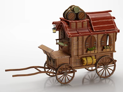 Wooden Carriage With Red Roof Wooden Barrels Lantern Windows And Wheels 3d model