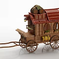 Wooden Carriage With Red Roof Wooden Barrels Lantern Windows And Wheels
