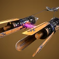 Futuristic Sci Fi Flying Vehicle With Yellow Wing Structures Black Mechanical Engines And Purple Electric Currents