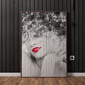 Stylish Female Portrait Painting With Red Lips Long Hair And Abstract Black White Background