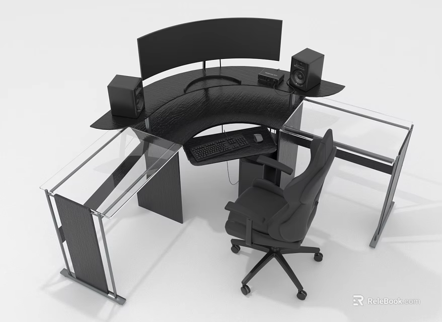 Modern Curved Black Office Desk With Dual Monitors Speakers Keyboard And Ergonomic Chair 3d model 