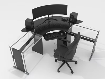Modern Curved Black Office Desk With Dual Monitors Speakers Keyboard And Ergonomic Chair 3d model