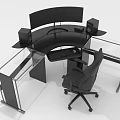 Modern Curved Black Office Desk With Dual Monitors Speakers Keyboard And Ergonomic Chair