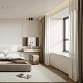 Modern Minimalist Bedroom Interior With Large Bed Nightstand Area Rug And Window Curtains