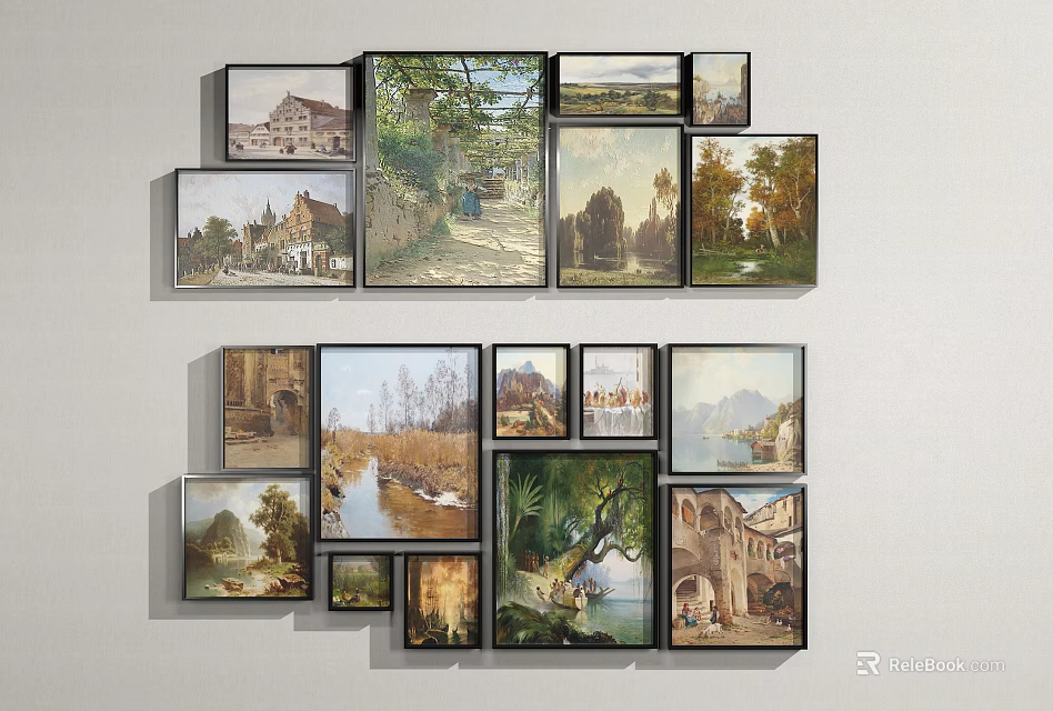 Collection of Various Theme Oil Paintings Hung on Wall with Irregular Arrangement 3d model 
