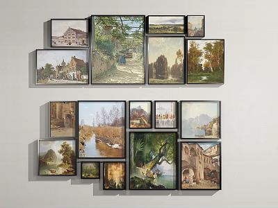 Collection of Various Theme Oil Paintings Hung on Wall with Irregular Arrangement 3d model