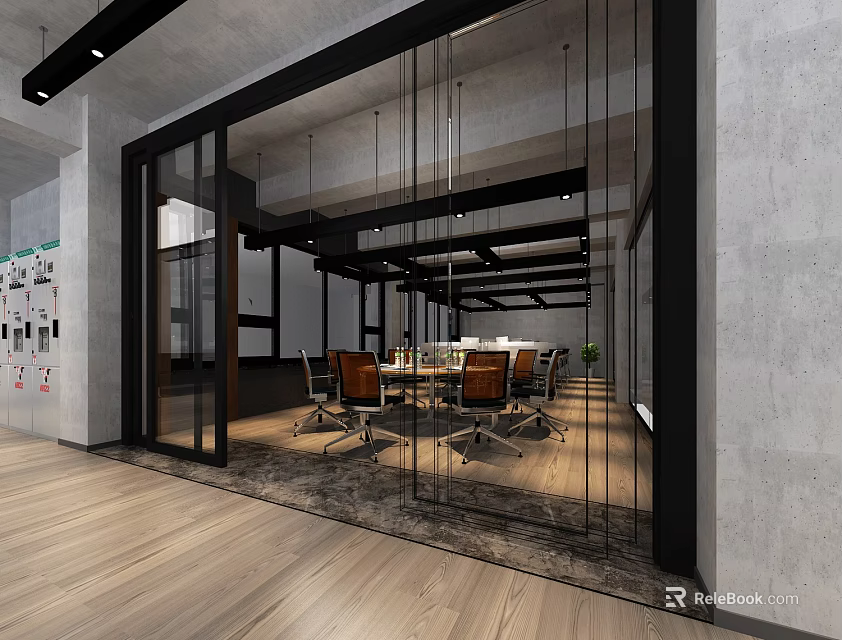 Modern Conference Room With Glass Partitions Wooden Flooring And Meeting Table 3d model 