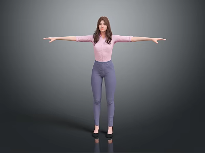 Woman Standing With Arms Outstretched In Pink Top Blue Jeans And Gray Background 3d model