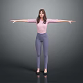 Woman Standing With Arms Outstretched In Pink Top Blue Jeans And Gray Background