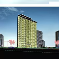 Modern High Rise Residential Building with Greenery Trees Lawn and Blue Sky