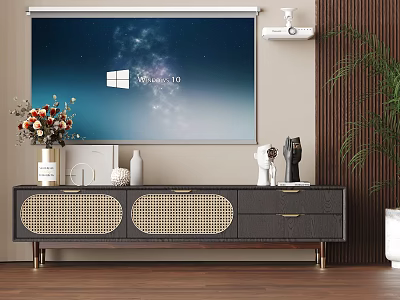 Elegant Modern TV Stand With Leather Woven Details Vase Decorative Items And Projector Screen 3d model