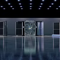 Exhibition Space With Central Clock Installation Surrounded By Cabinets And Reflective Floor