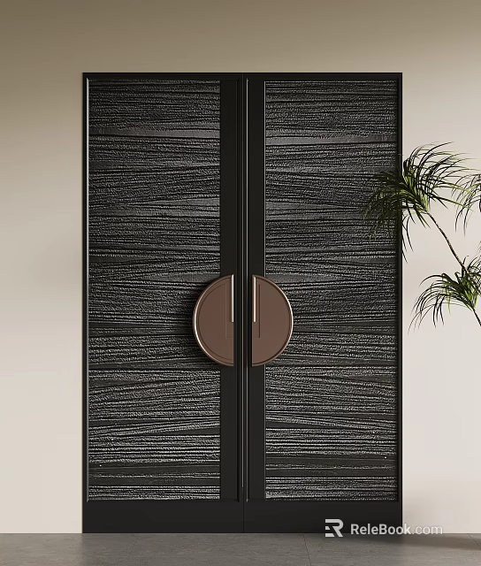 Modern Textured Black Double Doors With Round Metallic Handle And Green Plant 3d model 