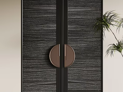 Modern Textured Black Double Doors With Round Metallic Handle And Green Plant 3d model