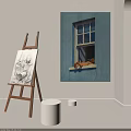 Art Easel with Still Life Sketch Musical Instrument and Painting in White Room Interior