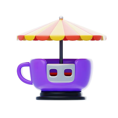 Purple Cup Shaped Amusement Ride With Colorful Striped Umbrella And Small Windows 3d model