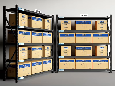 Industrial Storage Shelves With Blue Labeled Cardboard Boxes On Multi Level Racks 3d model