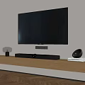 Black Wall Mounted TV in Modern Living Room with Wooden TV Stand Decorative Lamp Soundbar
