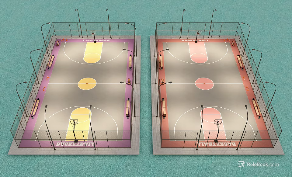 Indoor Double Basketball Courts with Purple Red Flooring Hoops and Lighting Fixtures 3d model 