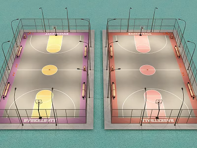 Indoor Double Basketball Courts with Purple Red Flooring Hoops and Lighting Fixtures 3d model