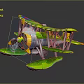 Vibrant Green Yellow Biplane Toy Model With Floats Propeller And Colorful Design