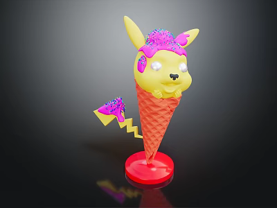 Fun Pikachu Shaped Ice Cream With Yellow Head Purple Decorations Orange Cone And Red Base 3d model