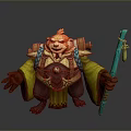 3D Fantasy Bear Character With Orange Fur Braided Hair Yellow Robe And Blue Staff