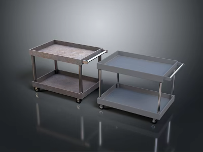 Two Metal Serving Carts With Wheels Two Tier Design And Wooden Smooth Tops 3d model