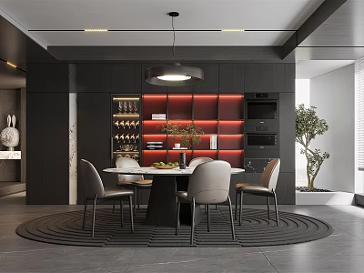 Modern Dining Room Interior Round Table Chairs Hanging Pendant Light Wine Rack Red Lighting Circular Rug Plant 3d model