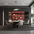 Modern Dining Room Interior Round Table Chairs Hanging Pendant Light Wine Rack Red Lighting Circular Rug Plant