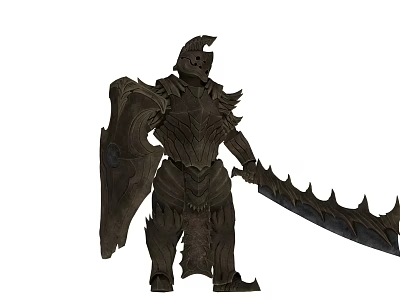 Dark Heavy Armored Fantasy Warrior Game Movie Character Wielding Large Spiked Sword With Shield 3d model