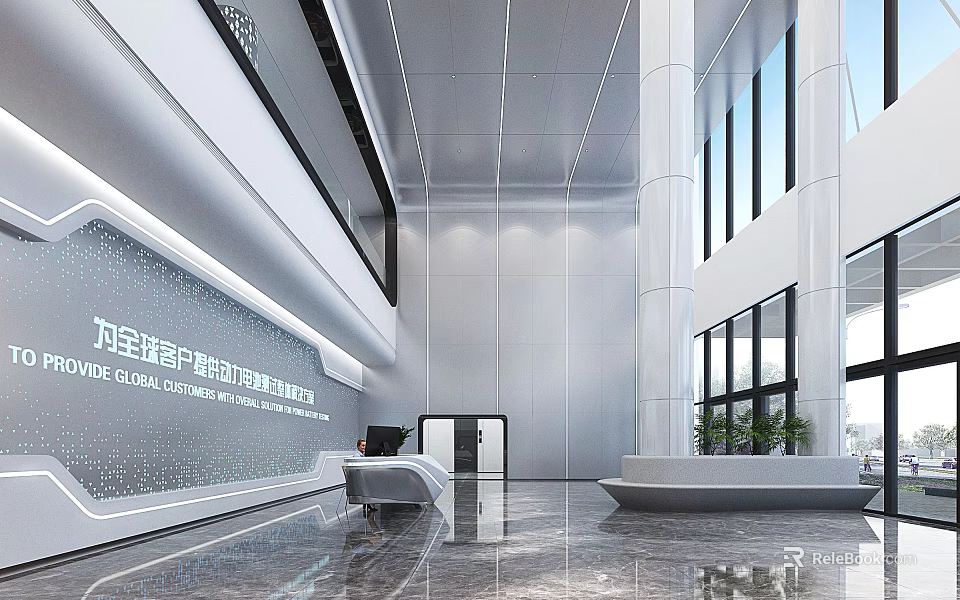 Modern Medical Reception Desk Area Featuring White Counter Smooth Floor Large Windows And Green Plants 3d model 