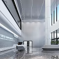 Modern Medical Reception Desk Area Featuring White Counter Smooth Floor Large Windows And Green Plants