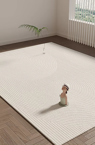 Light Woven Square Rug on Wooden Floor with Small Doll and Potted Plant Near Window 3d model