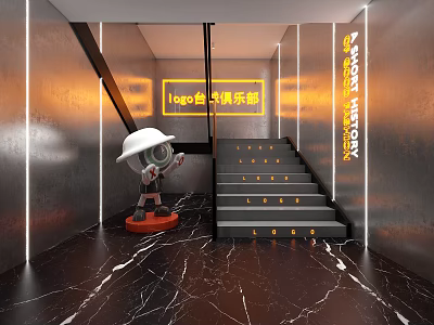 Elevator Aisle With Black Marble Floor Gray Stairs Yellow Illuminated Signs Dark Walls And Robot 3d model