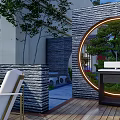Modern Garden Landscape Design With Outdoor Seating Green Plants And White Umbrella