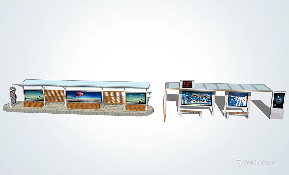Bus Stop With Shelter Advertising Billboards Benches And Digital 3d model 