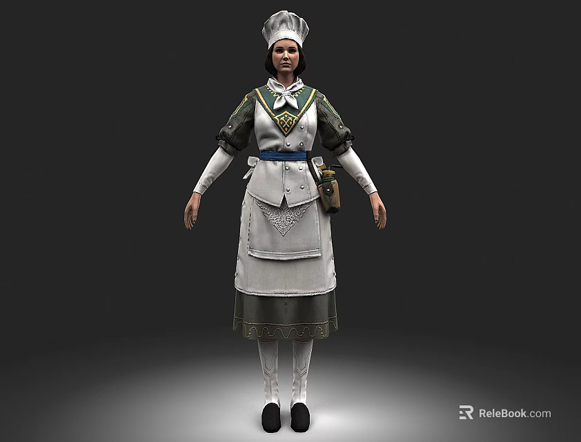 Game Film Character In Classic Maid Uniform With Apron Hat And Green Accents 3d model 